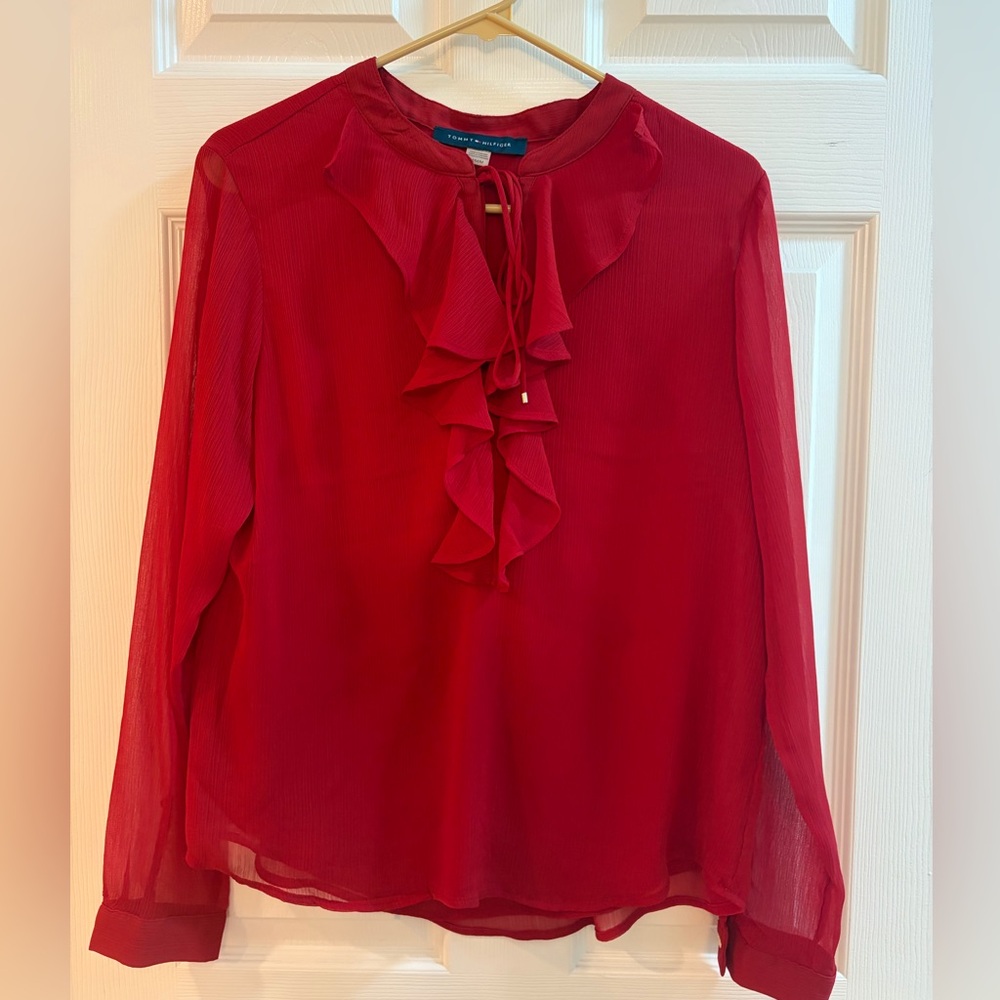 Tommy Hilfiger Red Ruffle Tie-Neck Sheer Blouse